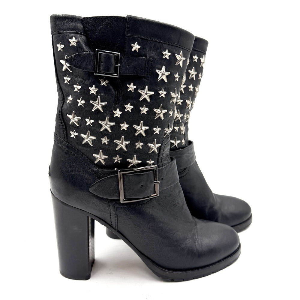 Jimmy Choo Dart Start Stud Boots Leather Moto Block Heel Womens Sz 38 / 8